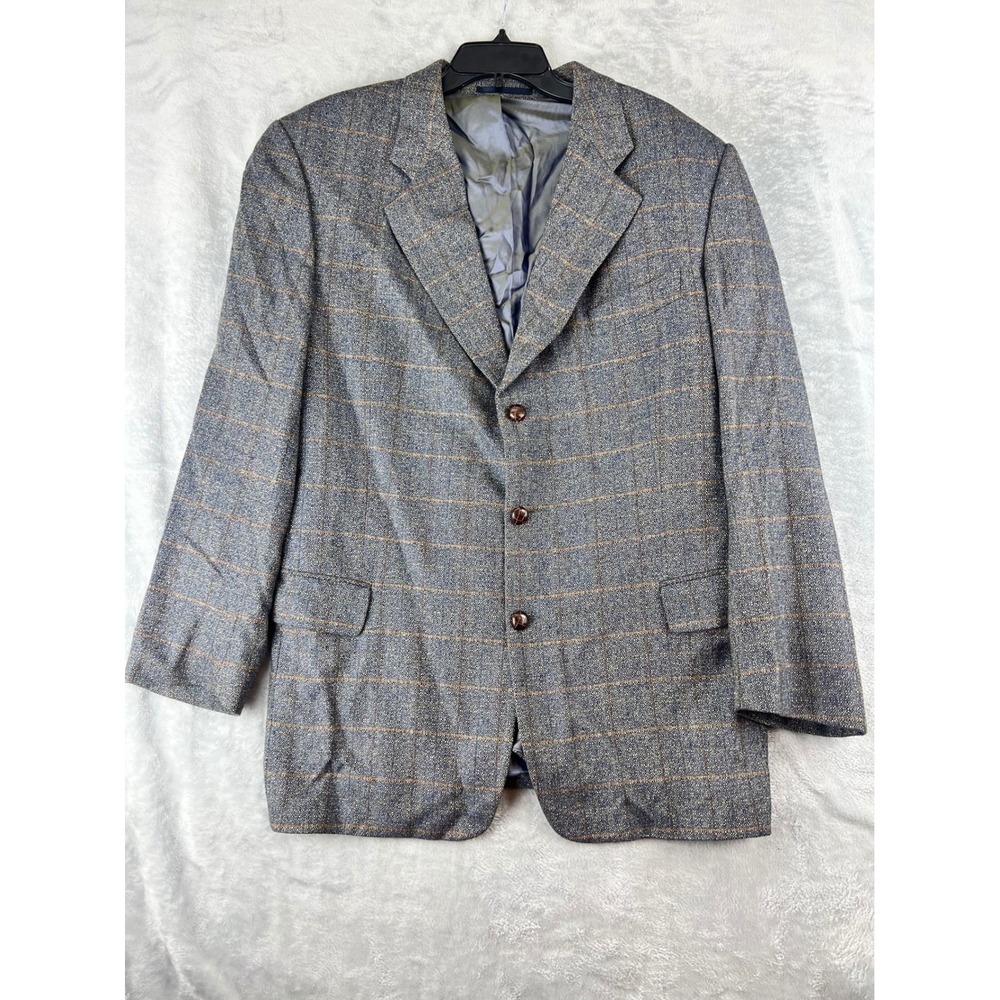Windsor Mens 56 Blue Gray Plaid Sport Coat Brown Buttons Cashmere Zegna cloth